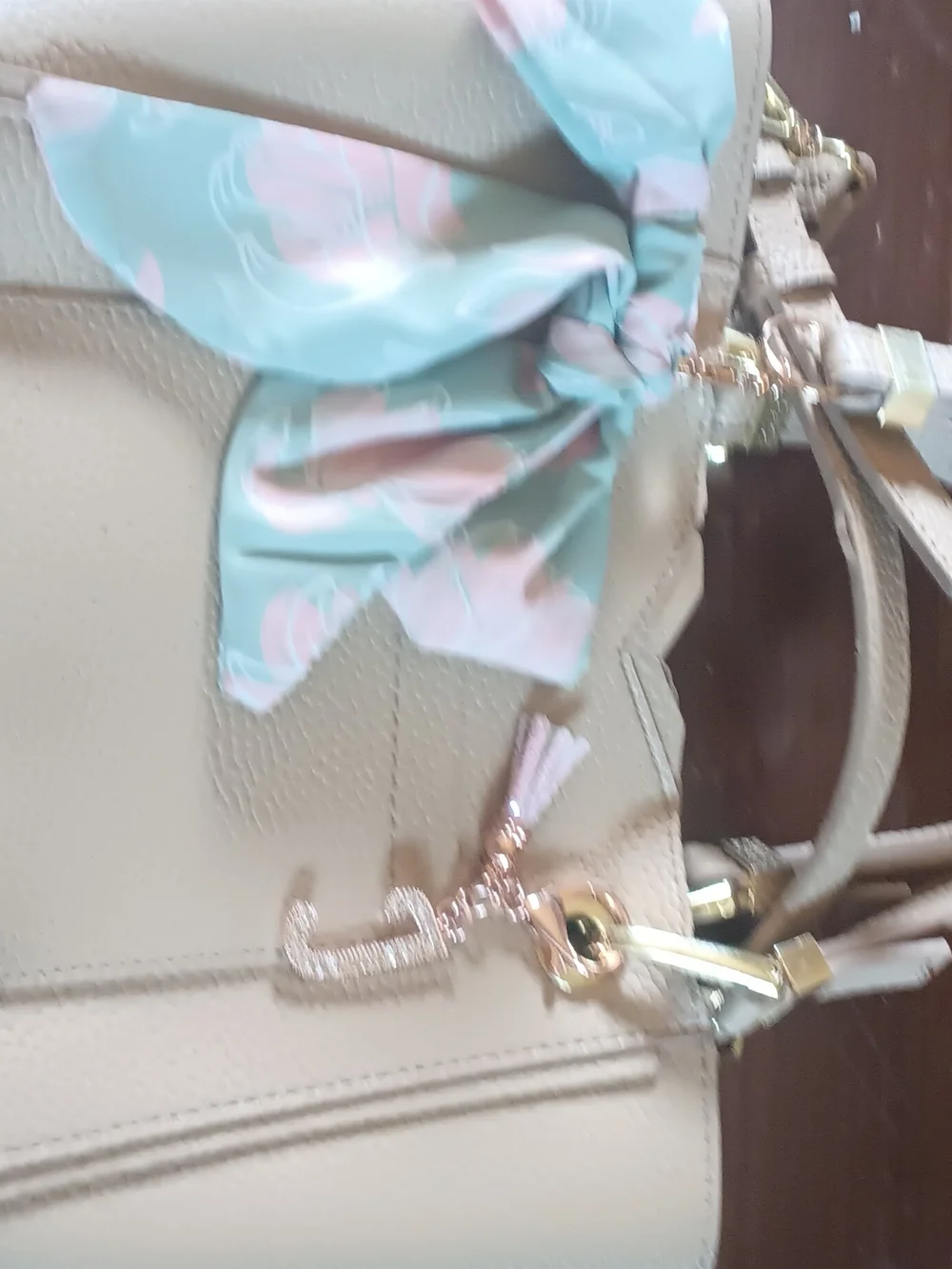 Steve Madden Cream Pebbled Satchel with Light Blue Scarf and Gold Hardware